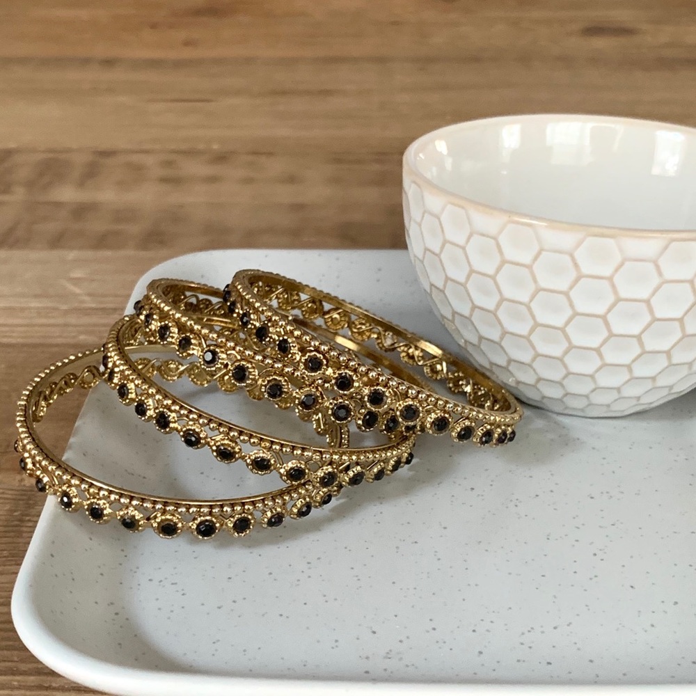 Set of 4 Stackable Bracelets w/Black Rhinestones